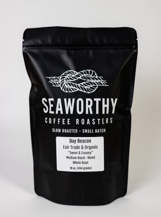 Seaworthy slow roasted, small batch, low acid coffee. 1 pound bag of Day Beacon medium roast specialty coffee blend.