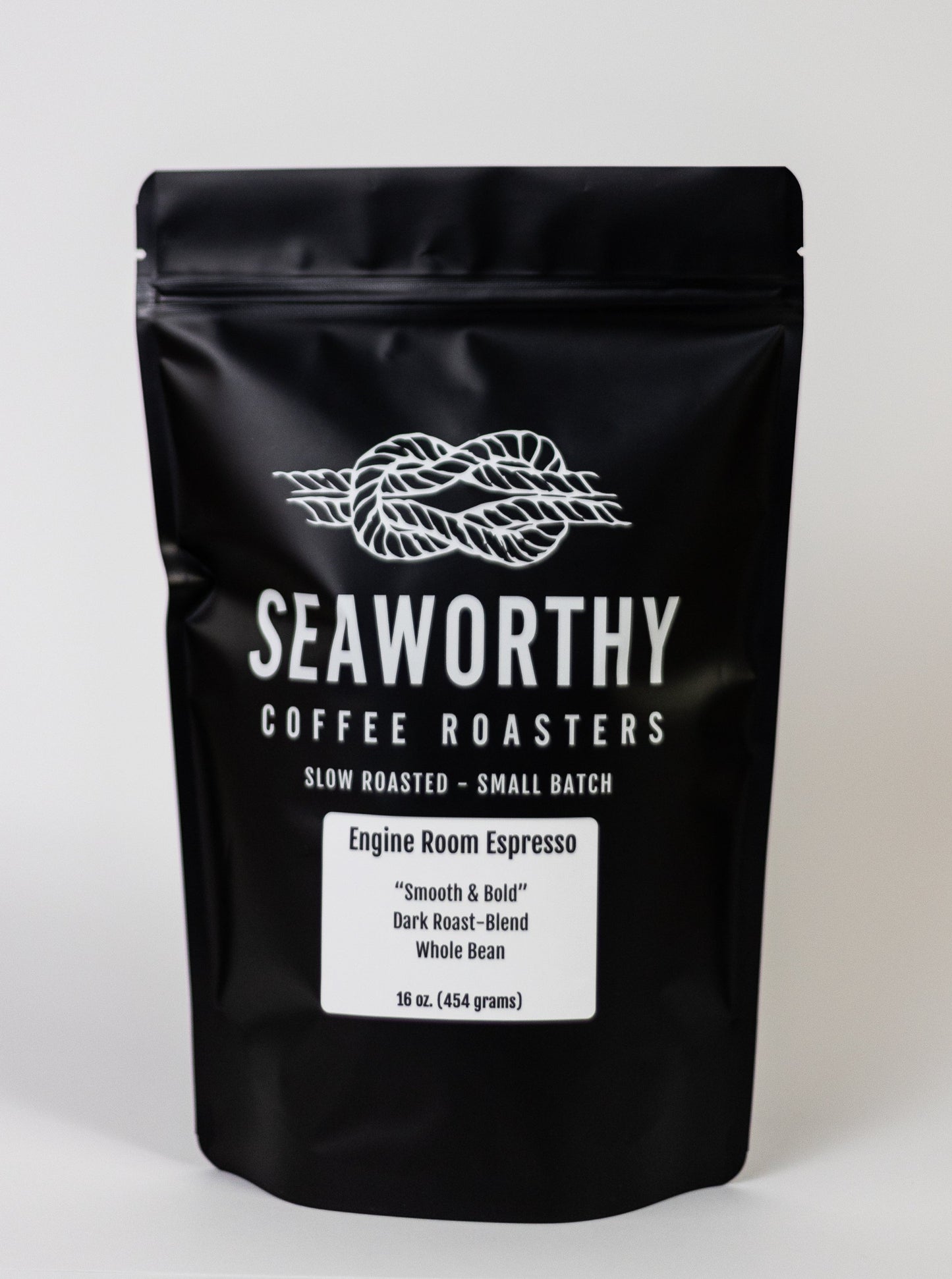 Seaworthy slow roasted, small batch, low acid coffee. 1 pound bag of Engine Room Espresso dark roast specialty espresso blend.