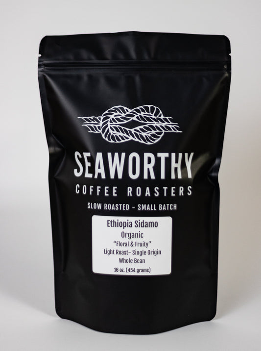 Seaworthy slow roasted, small batch, low acid coffee. 1 pound bag of Ethiopia Sidamo light roast specialty coffee.