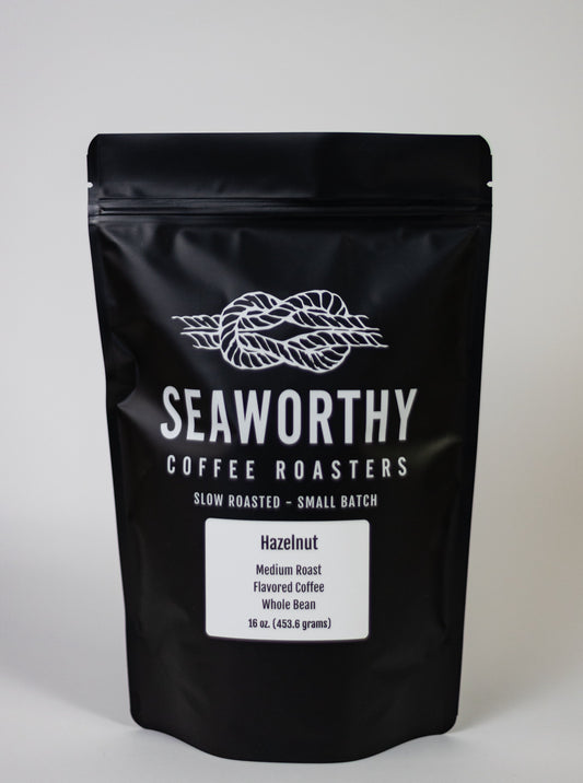 Seaworthy slow roasted, small batch, low acid coffee. 1 pound bag of Hazelnut flavored coffee.