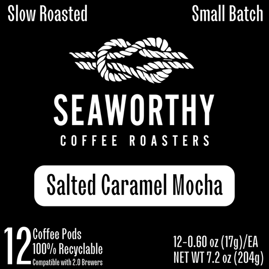 Seaworthy Salted Caramel Mocha Coffee Pods.  Slow Roasted.  Small Batch.  Flavored coffee pods.  Recyclable coffee pods.  