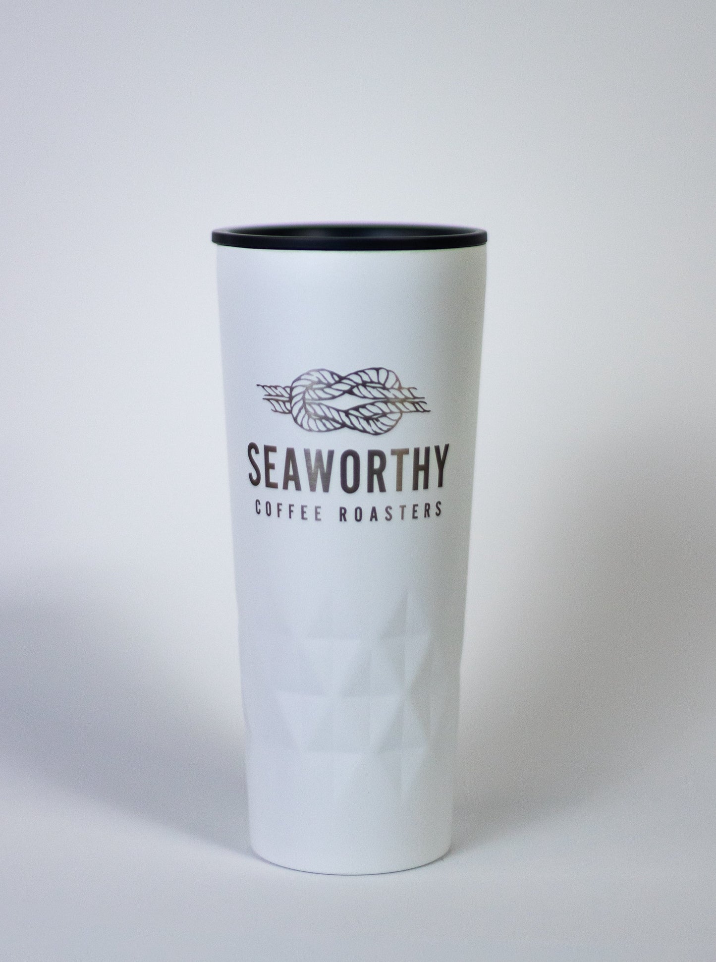 Seaworthy Coffee tumbler. Stainless steel tumbler with textured finish and Seaworthy logo.
