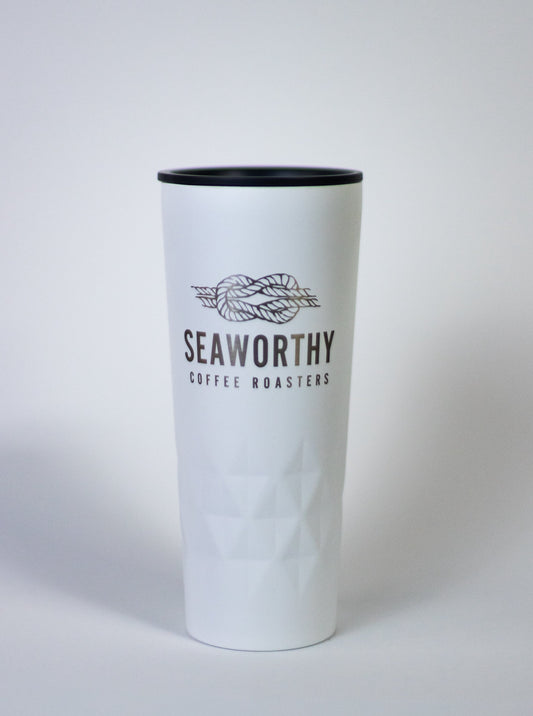 Seaworthy Coffee tumbler.  Stainless steel tumbler with textured finish and Seaworthy logo. 