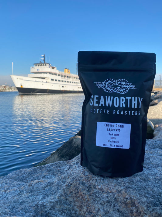 Seaworthy slow roasted, small batch, low acid coffee. 1 pound bag of Engine Room Espresso dark roast specialty coffee espresso blend.  Block Island Ferry.