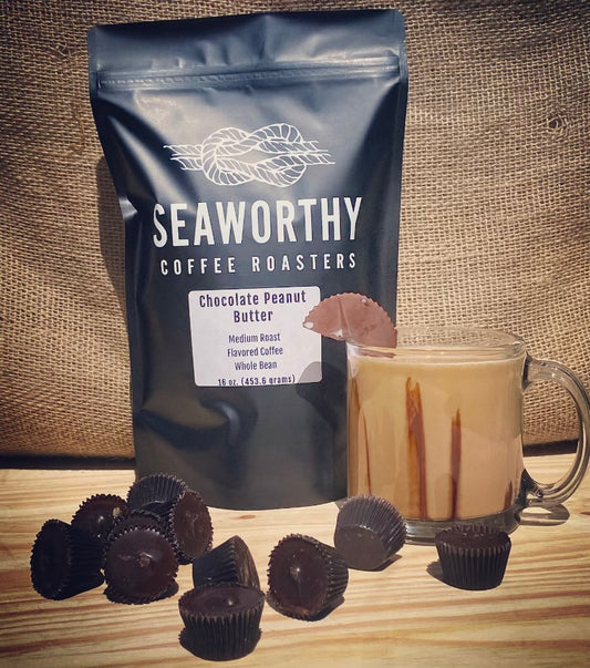Seaworthy slow roasted, small batch, low acid coffee. 1 pound bag of Chocolate Peanut Butter flavored coffee.  Chocolate peanut butter cups.