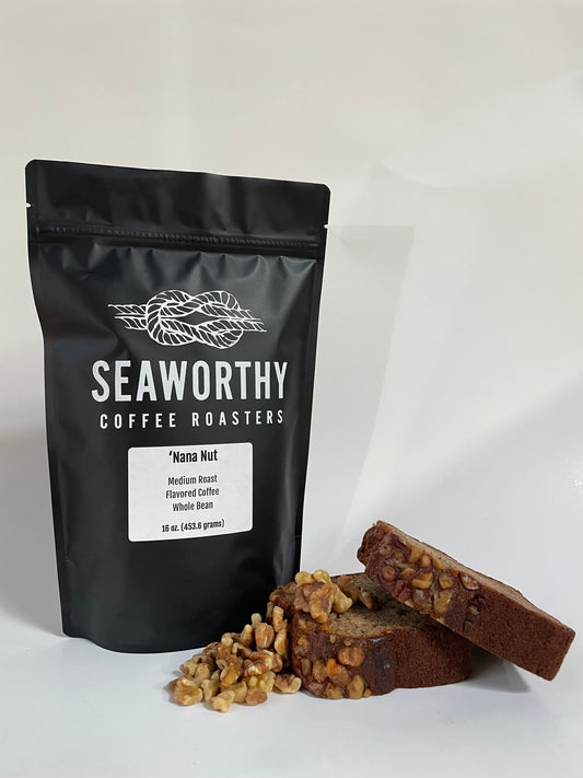 Seaworthy slow roasted, small batch coffee bag of Banana Nut flavored coffee.  Pictured with banana nut bread.