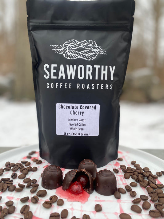 Seaworthy slow roasted, small batch, low acid coffee. 1 pound bag of Chocolate Covered Cherry flavored coffee.  Chocolate covered maraschino cherries.