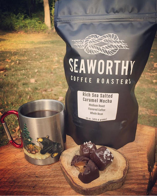 Seaworthy slow roasted, small batch, low acid coffee. 1 pound bag of Salted Caramel Mocha flavored coffee.  Salted Caramel candies.