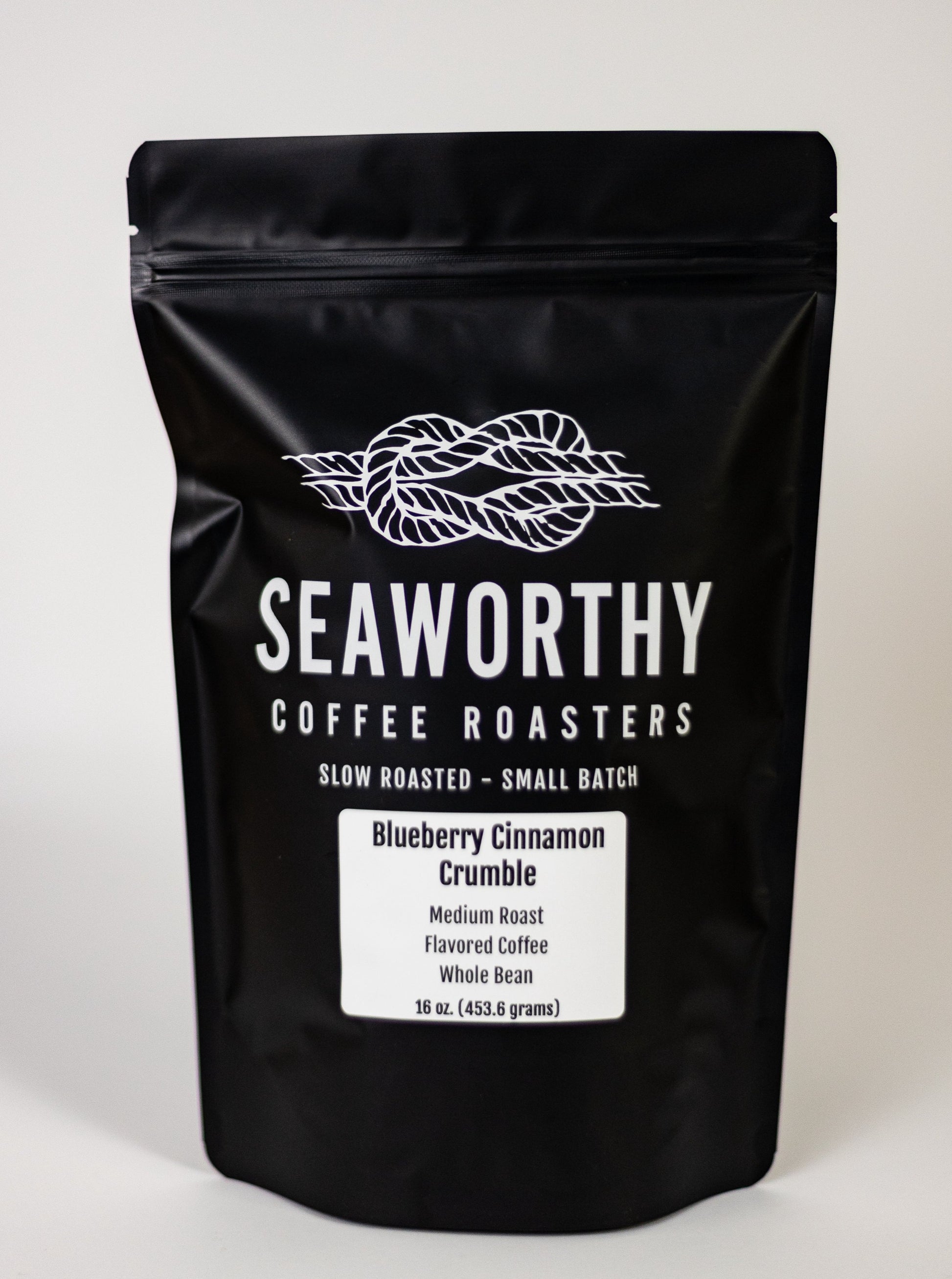 Seaworthy slow roasted, small batch, low acid coffee 1 pound bag of Blueberry Cinnamon Crumble flavored coffee.