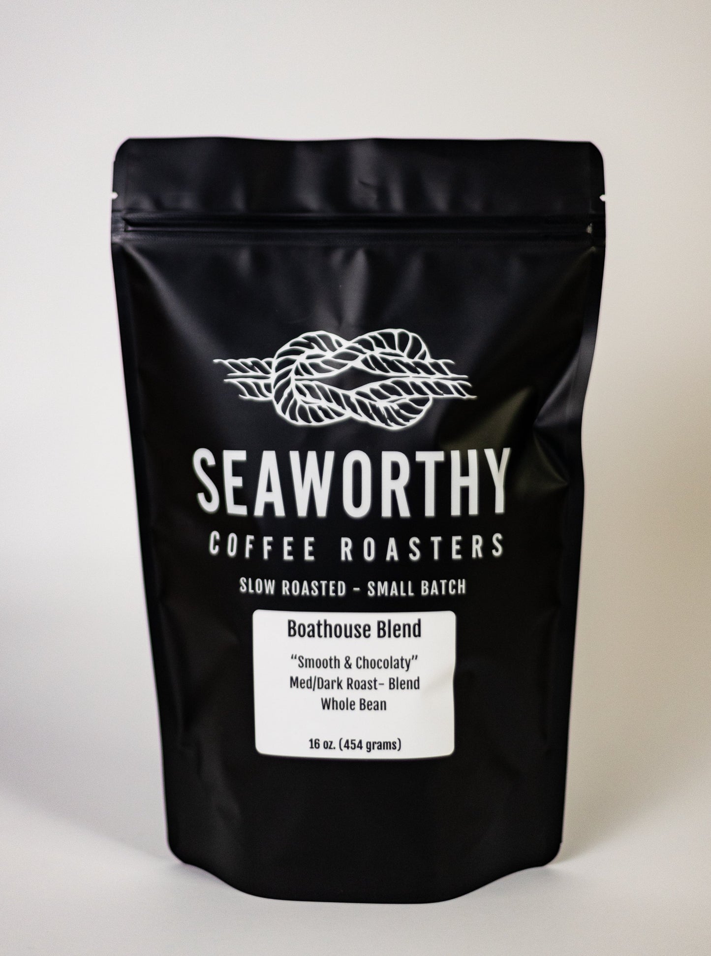 Seaworthy slow roasted, small batch, low acid coffee. 1 pound bag of Boathouse Blend medium dark roast coffee.