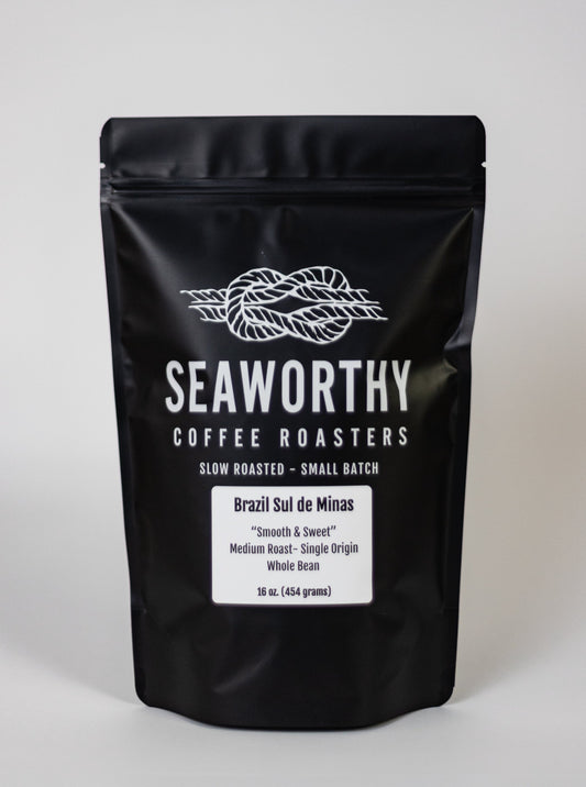 Seaworthy slow roasted, small batch, low acid coffee. 1 pound bag of Brazil Sul de Minas medium roast specialty coffee.