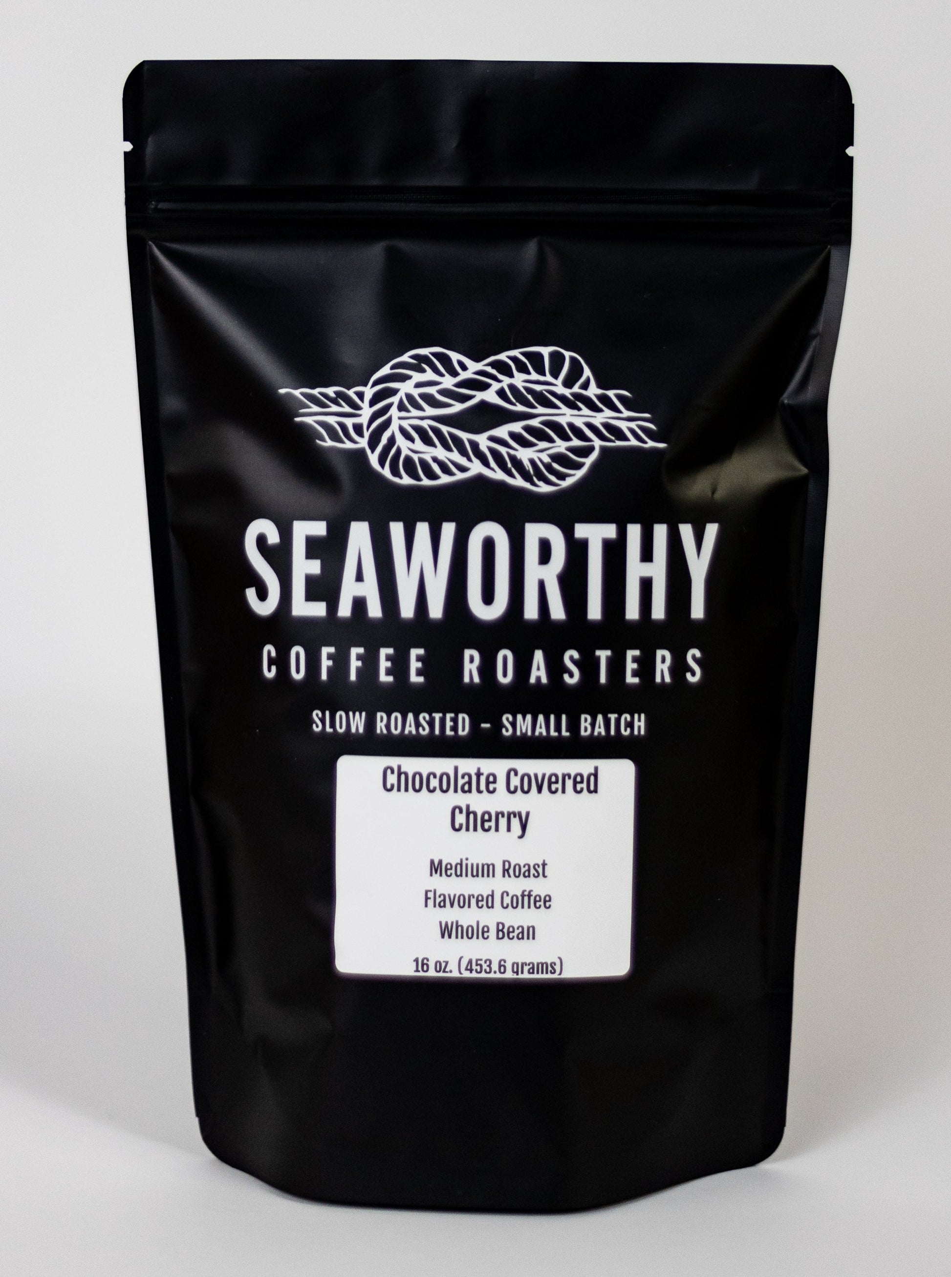 Seaworthy slow roasted, small batch, low acid coffee. 1 pound bag of Chocolate Covered Cherry flavored coffee.