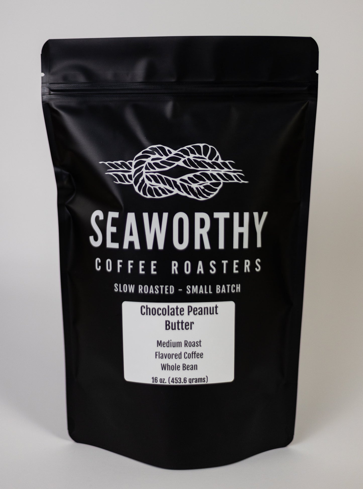 Seaworthy slow roasted, small batch, low acid coffee. 1 pound bag of Chocolate Peanut Butter flavored coffee.