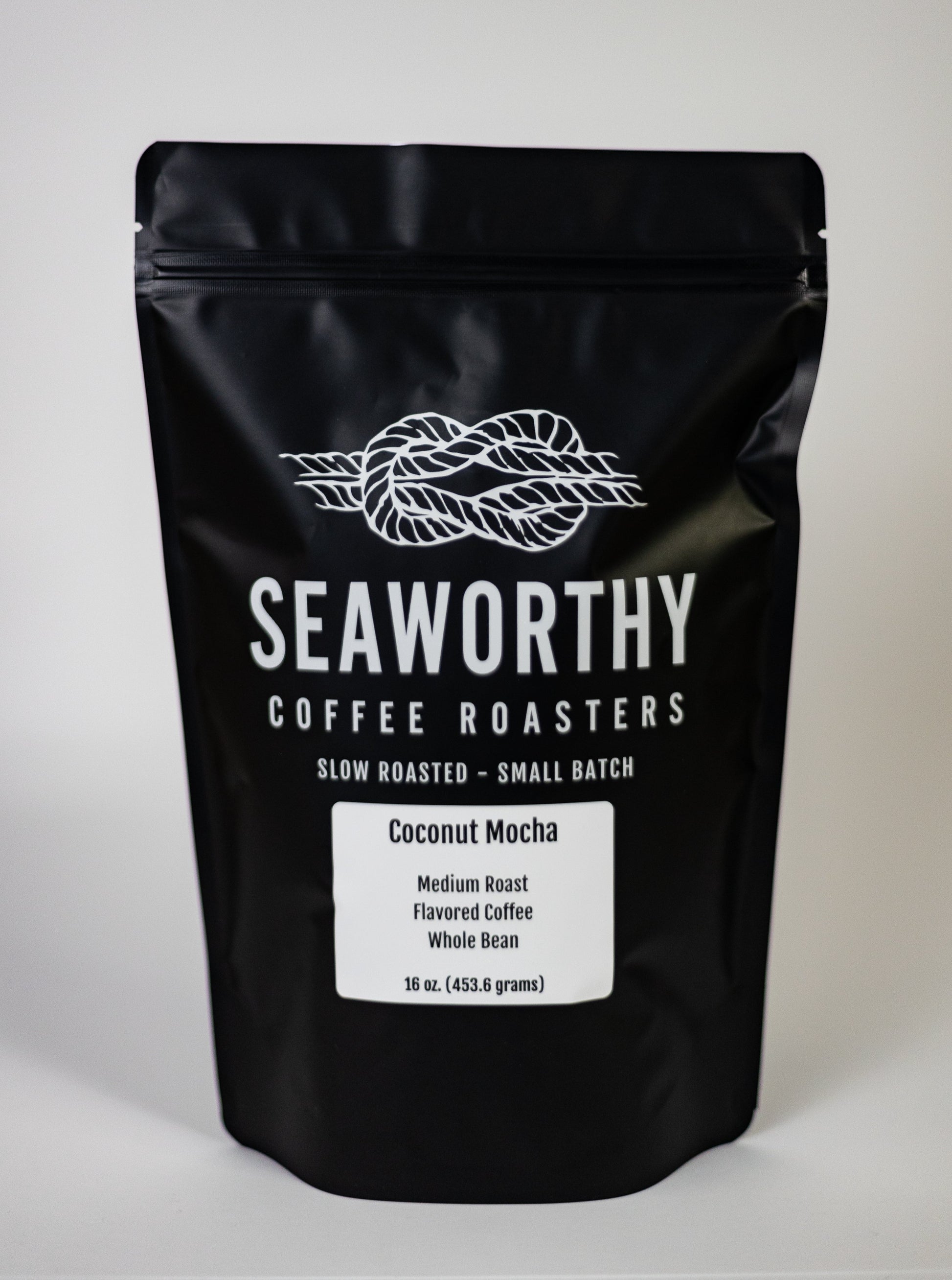 Seaworthy slow roasted, small batch, low acid coffee. 1 pound bag of Coconut Mocha flavored coffee.