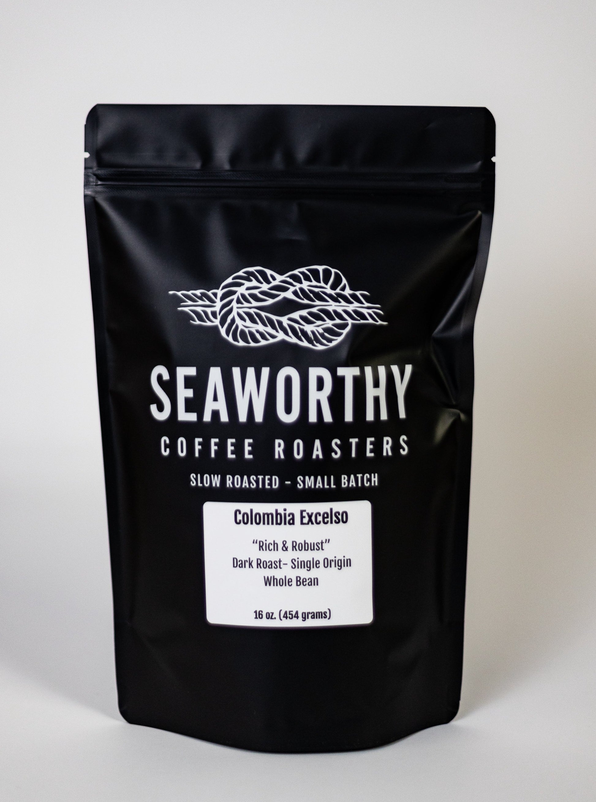 Seaworthy slow roasted, small batch, low acid coffee. 1 pound bag of Colombia dark roast specialty coffee.