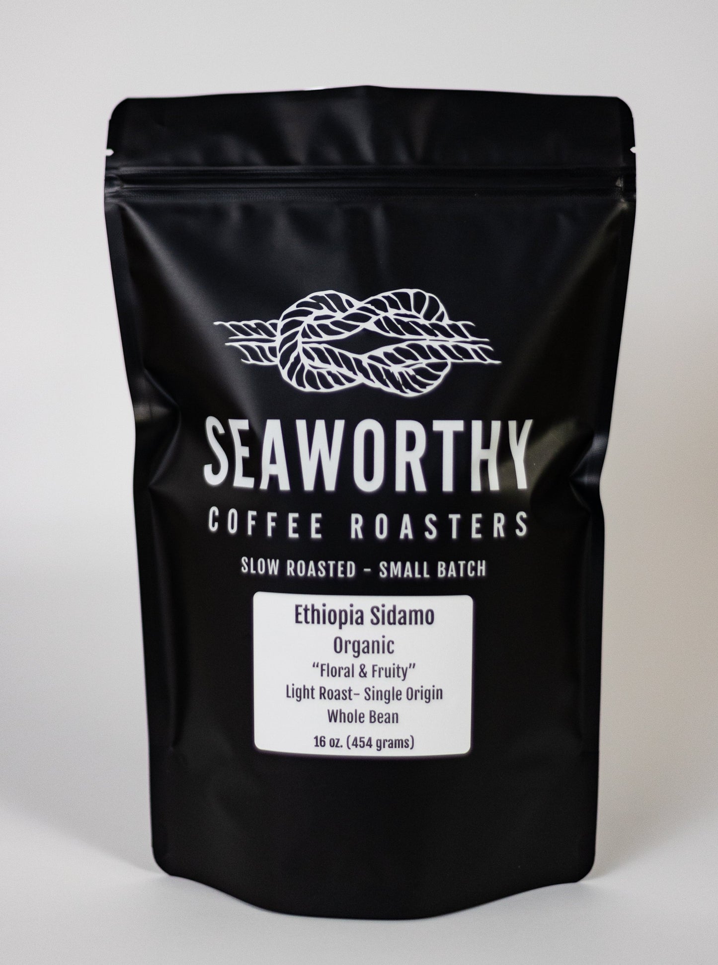 Seaworthy slow roasted, small batch, low acid coffee. 1 pound bag of Ethiopia Sidamo light roast specialty coffee.