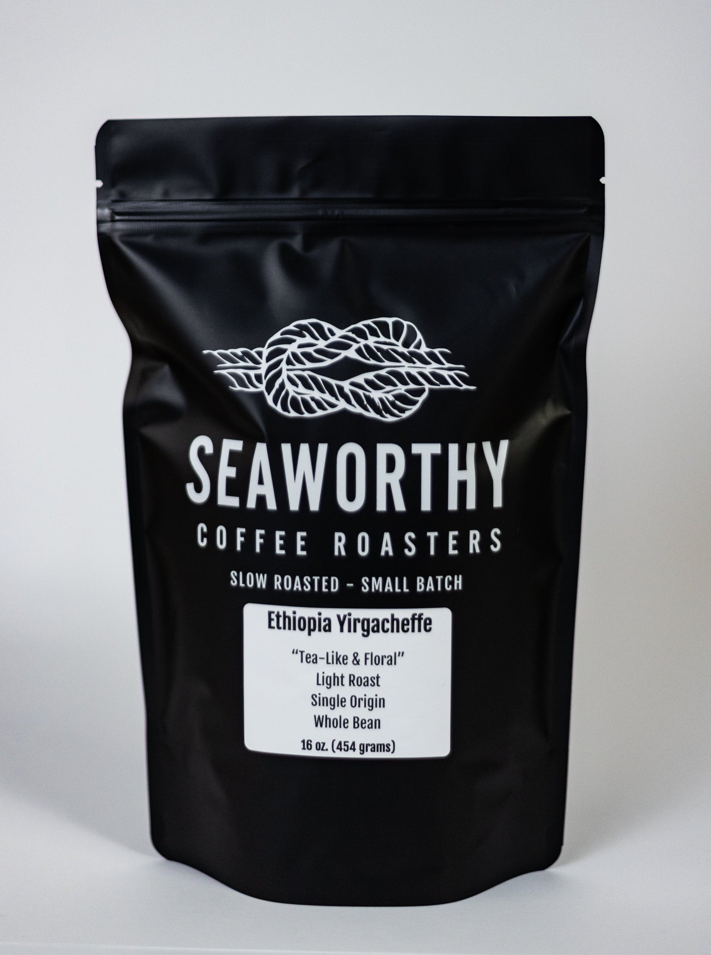 Seaworthy slow roasted, small batch, low acid coffee. 1 pound bag of Ethiopia Yirgacheffe light roast specialty coffee.
