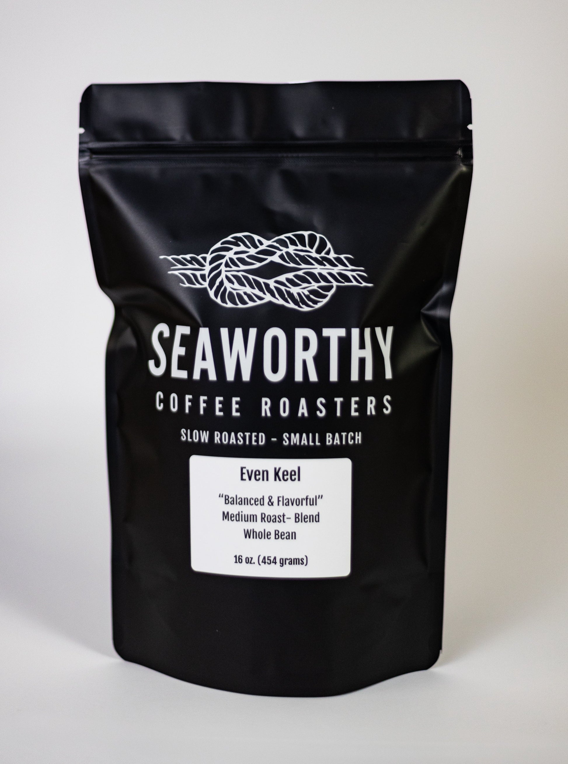 Seaworthy slow roasted, small batch, low acid coffee. 1 pound bag of Even Keel medium roast specialty coffee blend.
