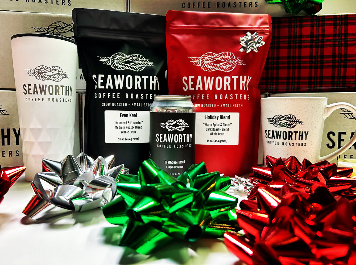Seaworthy Coffee Roasters festive holiday banner picture with mugs, bags of coffee, and decorations and 