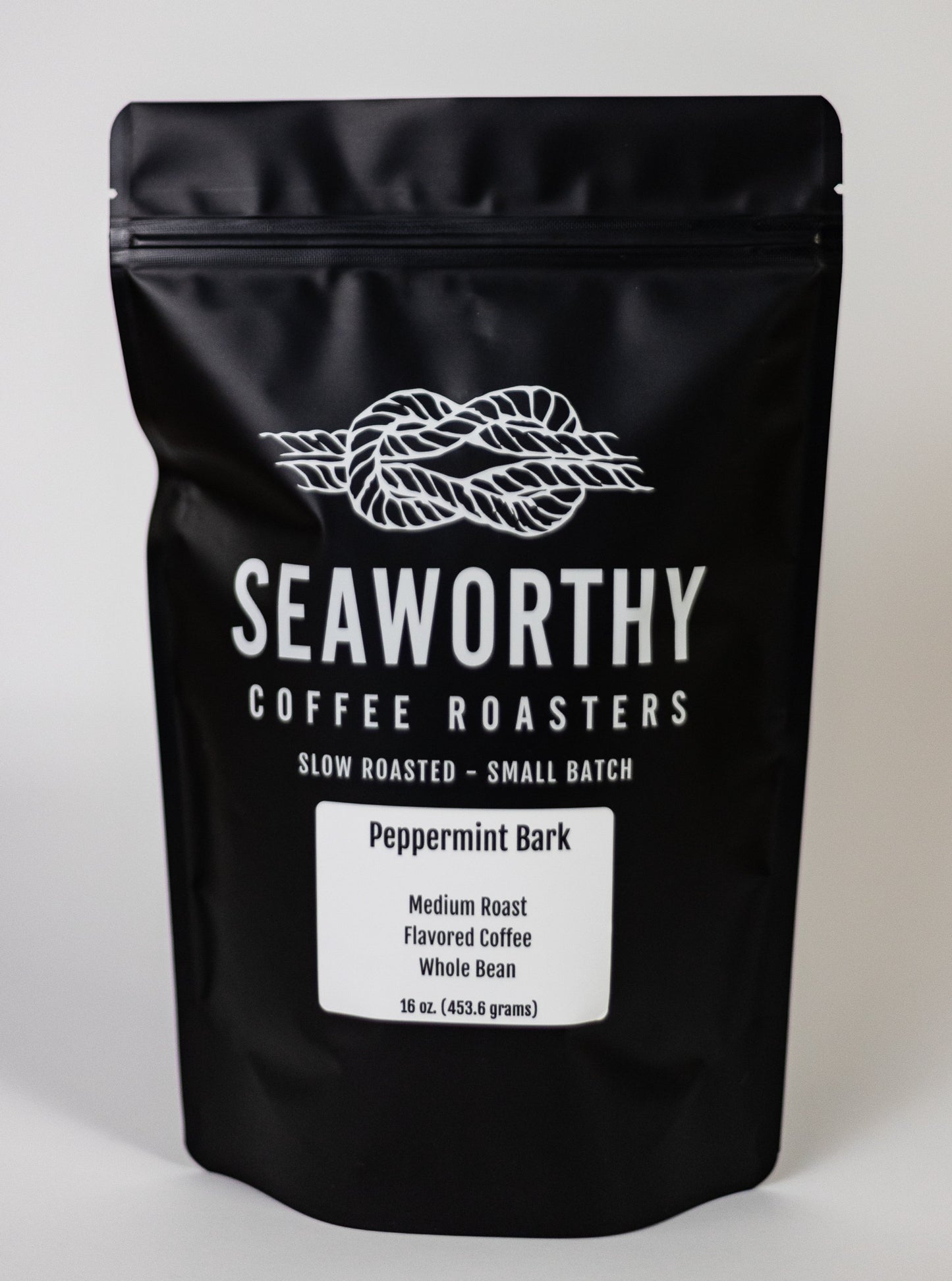 Seaworthy slow roasted, small batch, low acid coffee. 1 pound bag of Peppermint Bark flavored coffee.