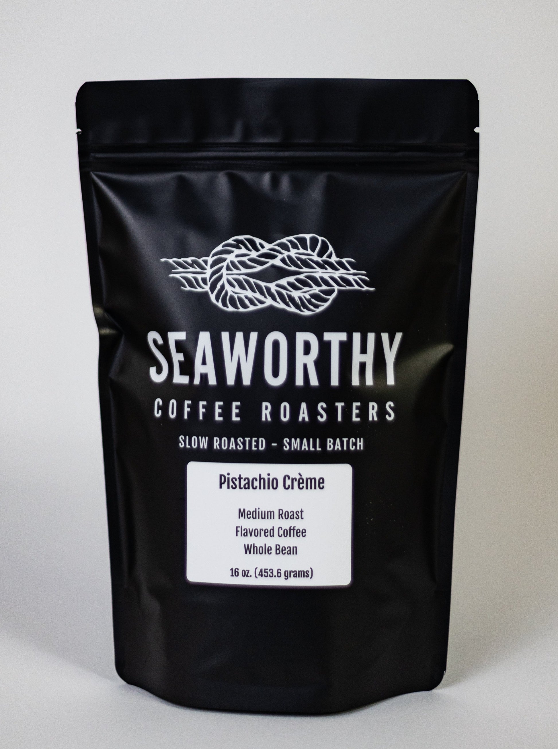 Seaworthy slow roasted, small batch, low acid coffee. 1 pound bag of Pistachio Creme flavored coffee.