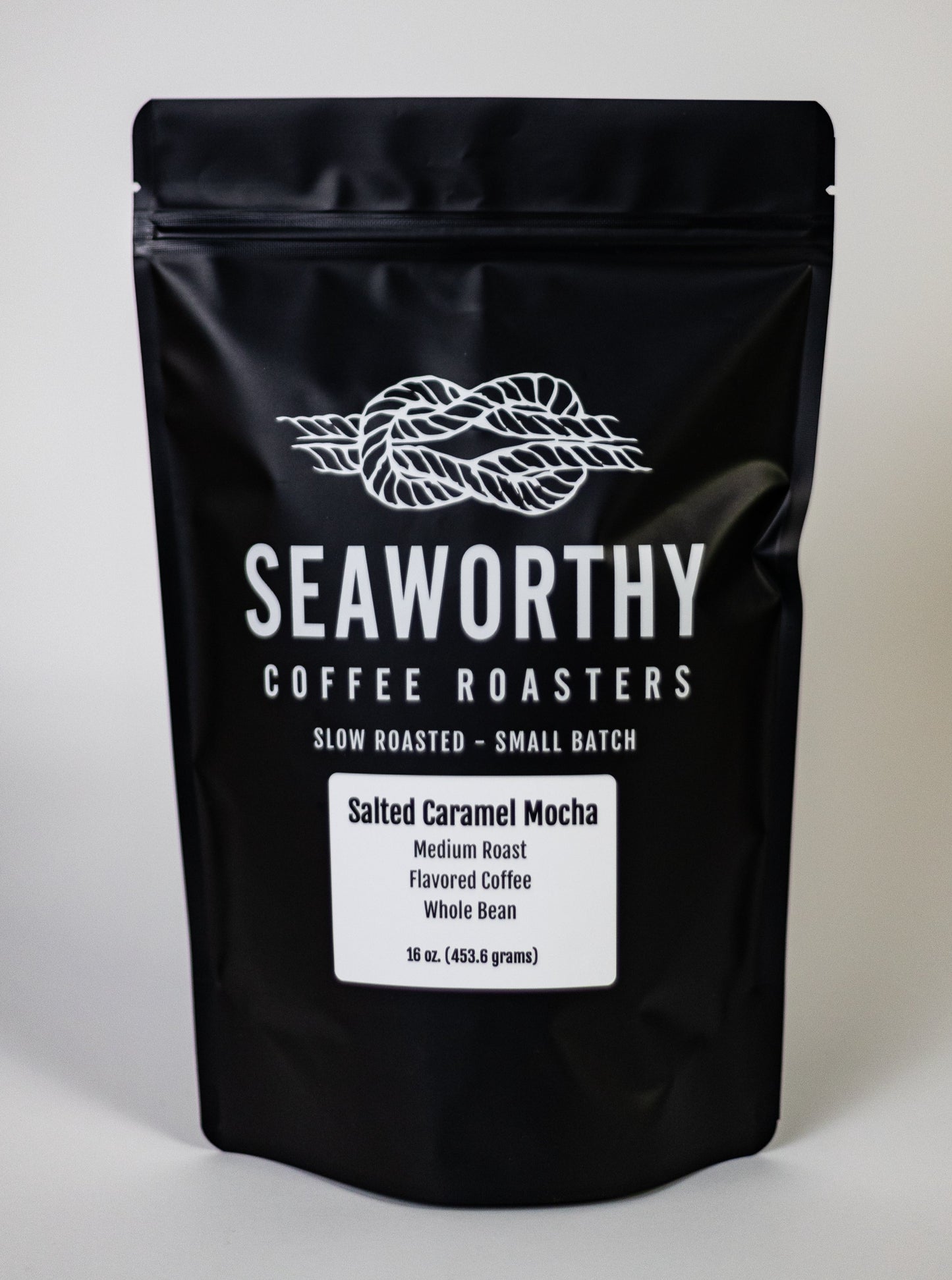 Seaworthy slow roasted, small batch coffee. Salted Caramel Mocha is everything you'd want it to be...chocolaty, caramelly, and just a hint of salt. This flavor has quickly risen to become our #1 selling flavored coffee!