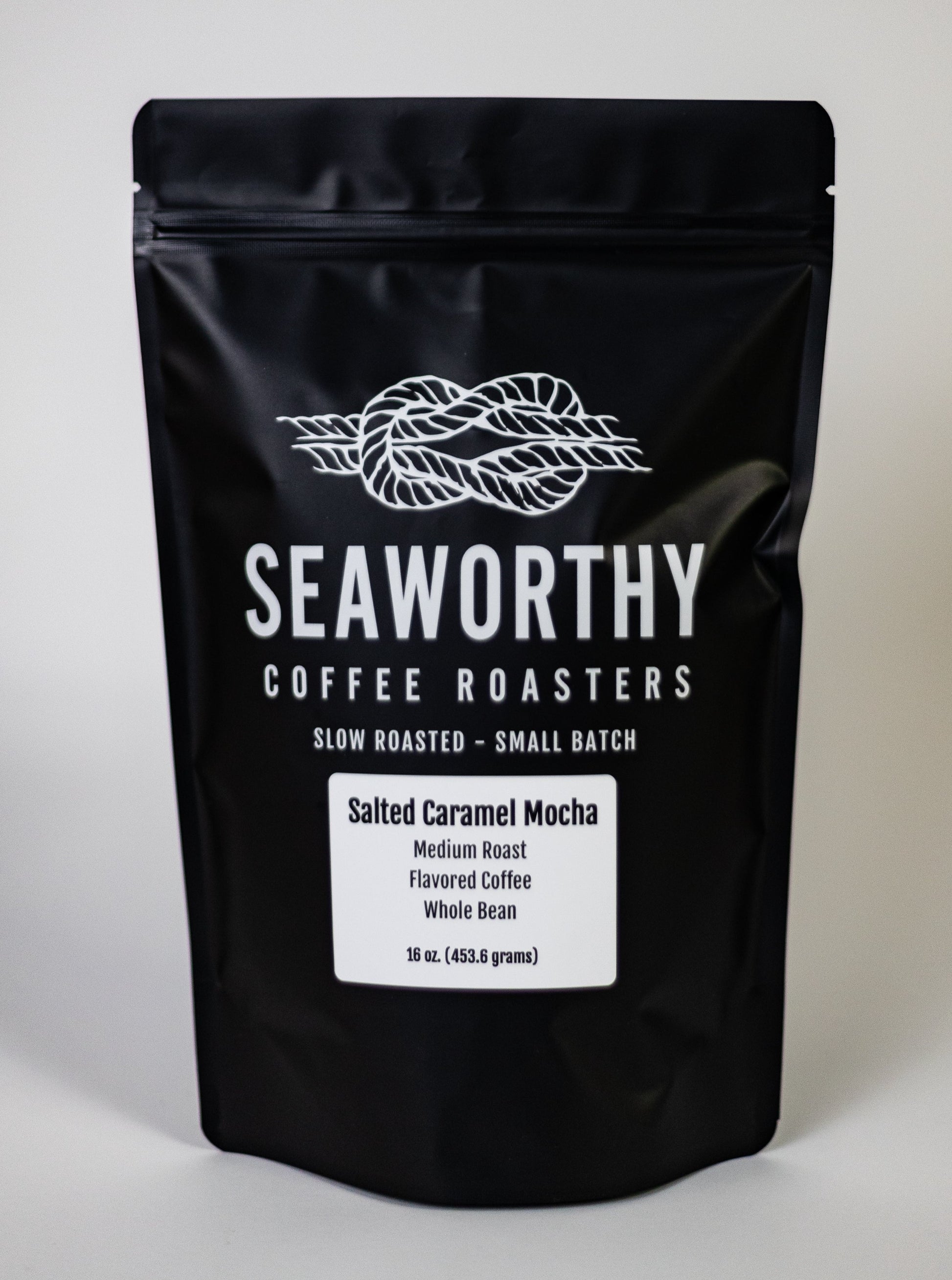 Seaworthy slow roasted, small batch, low acid coffee. 1 pound bag of Salted Caramel Mocha flavored coffee.