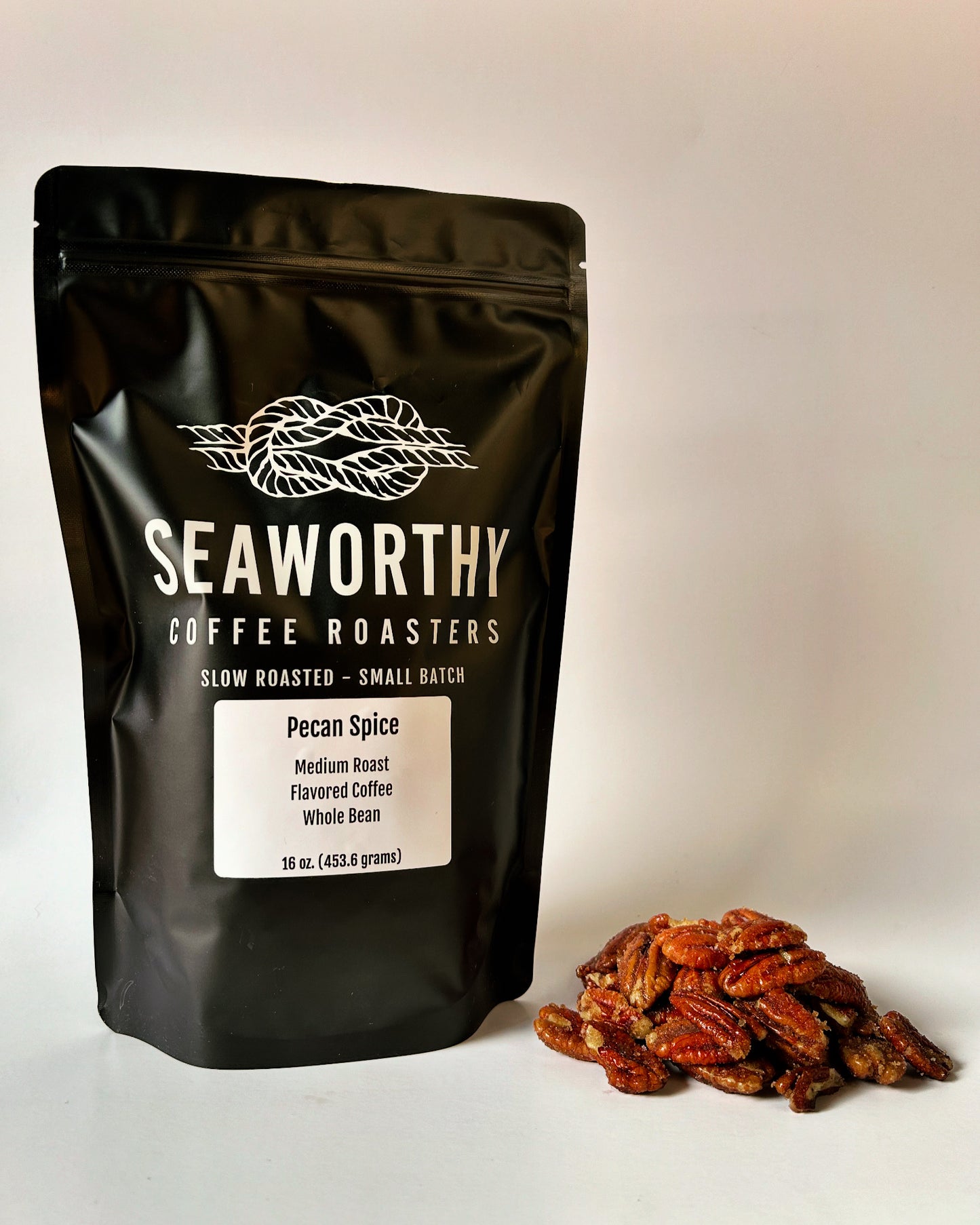 Seaworthy Coffee Roasters one pound bag of seasonal flavor Pecan Spice coffee with candied pecans.