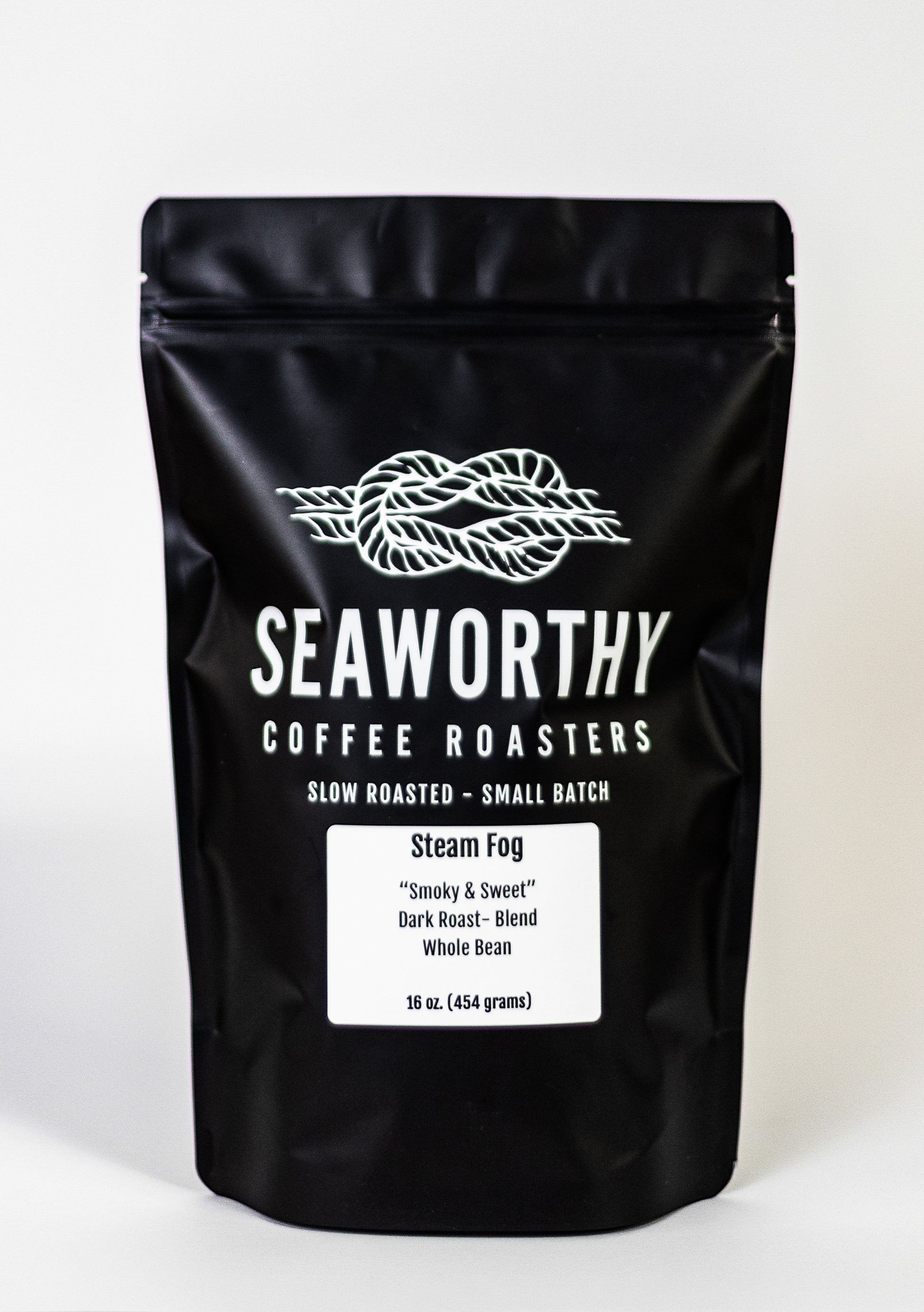Seaworthy slow roasted, small batch, low acid coffee. 1 pound bag of Steam Fog dark roast specialty coffee.