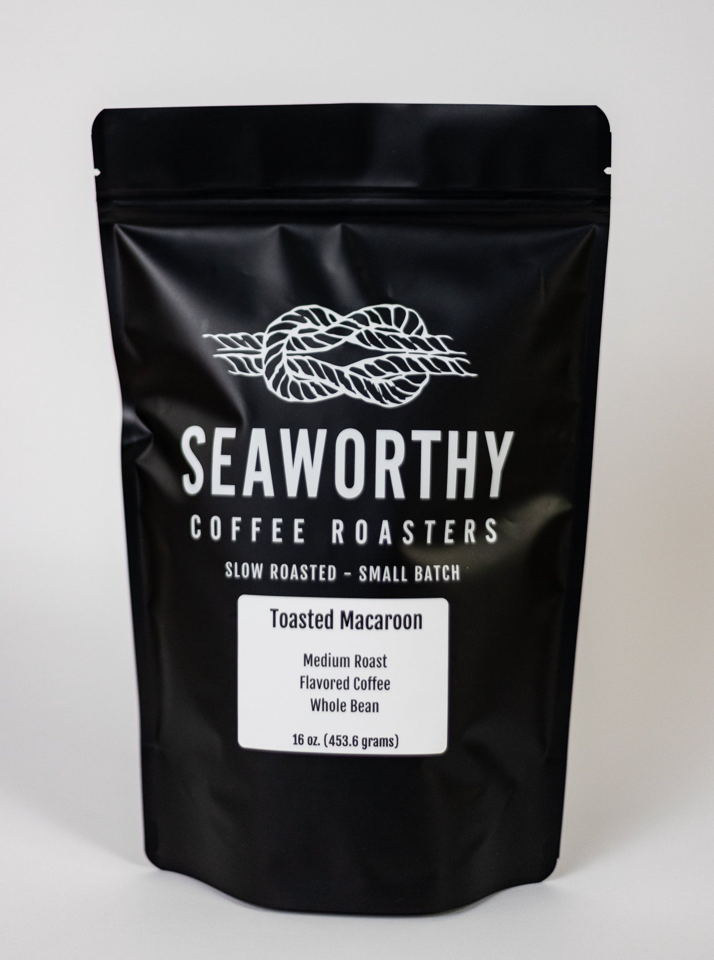 Seaworthy slow roasted, small batch, low acid coffee. 1 pound bag of Toasted Macaroon flavored coffee.