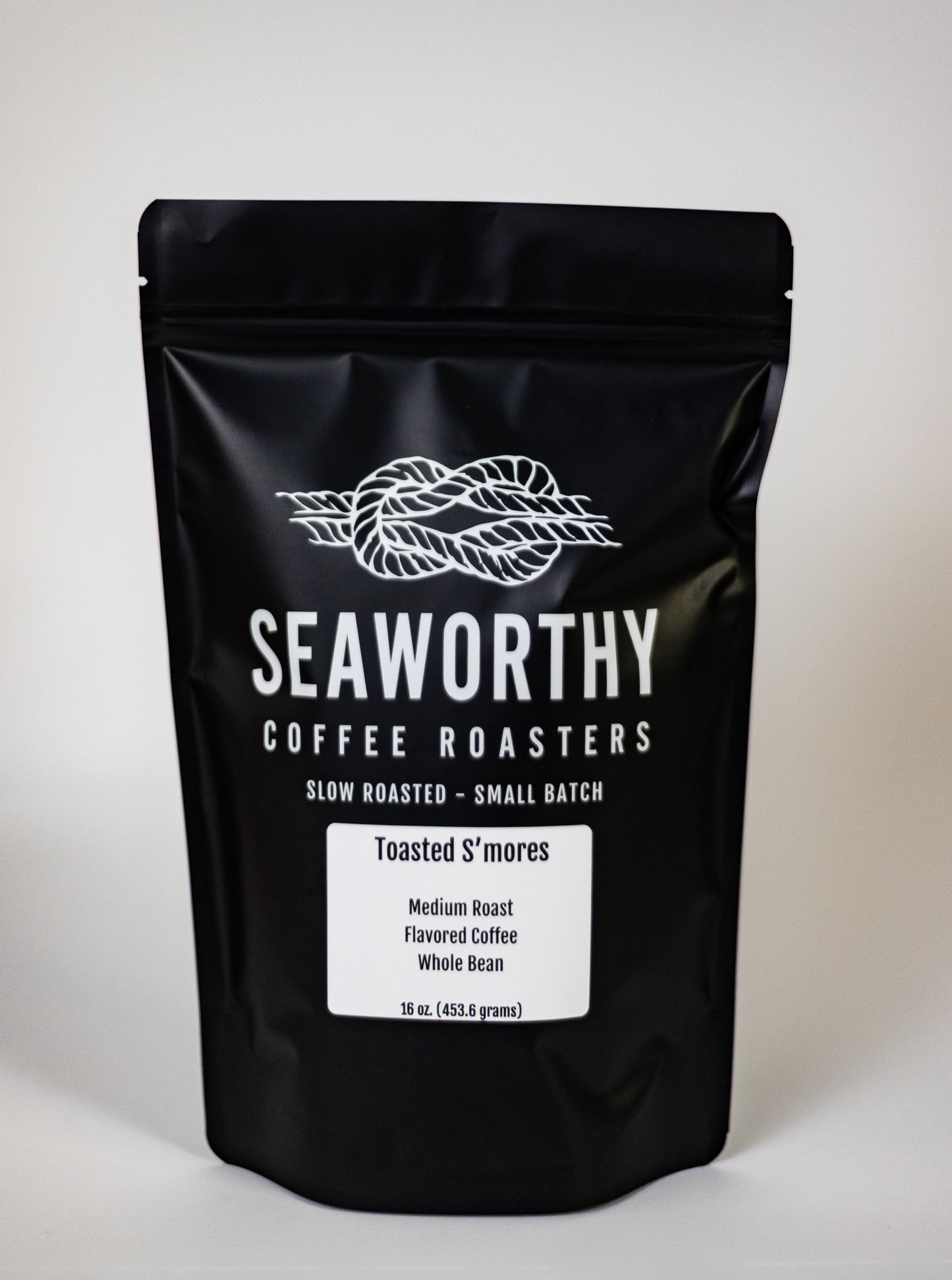 Seaworthy slow roasted, small batch, low acid coffee. 1 pound bag of Toasted Smores flavored coffee.