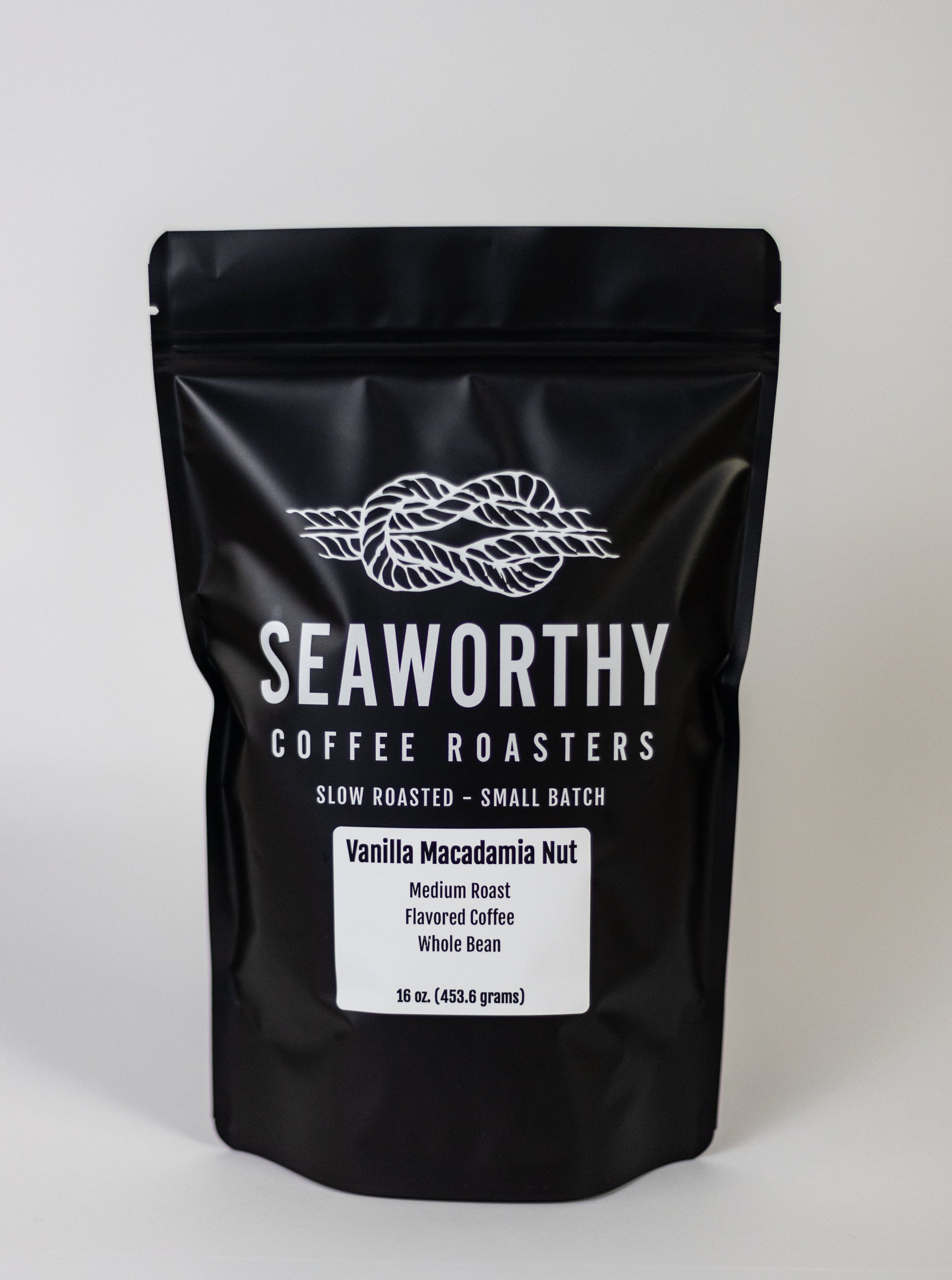 Seaworthy slow roasted, small batch, low acid coffee. 1 pound bag of Vanilla Nut flavored coffee.