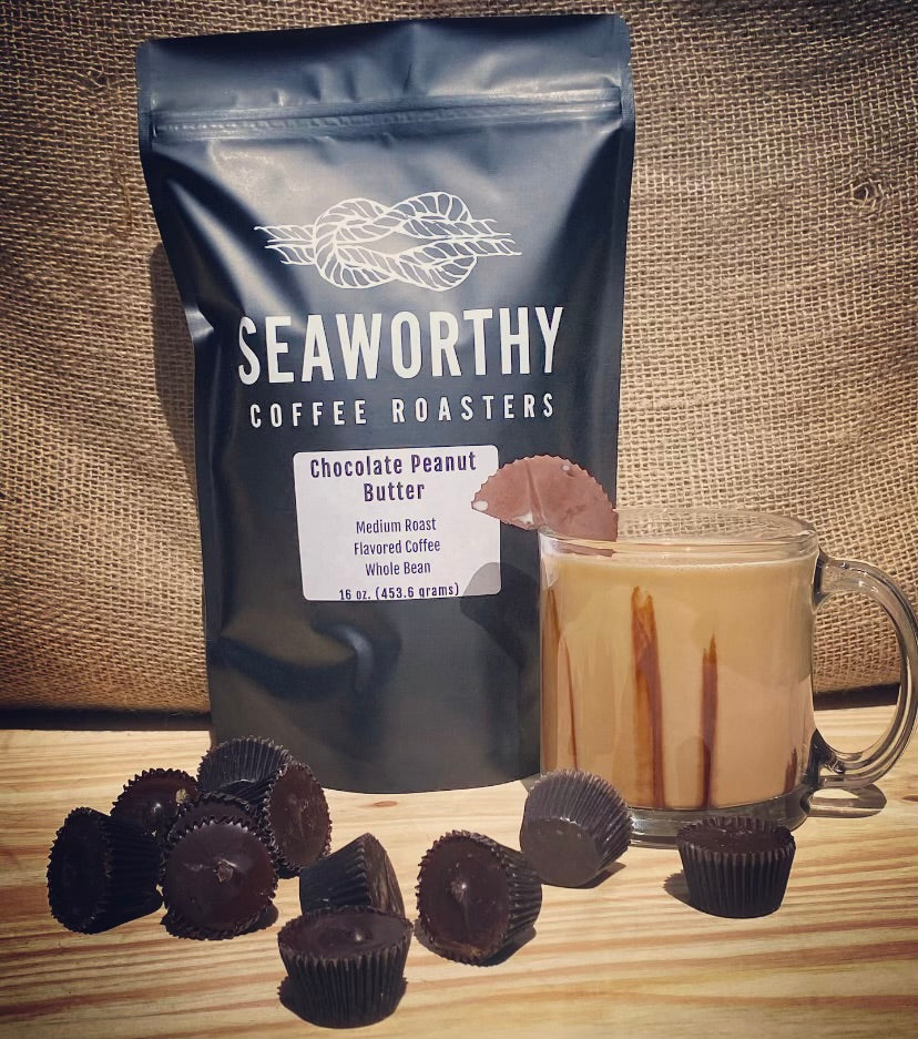 Seaworthy slow roasted, small batch coffee. Chocolate Peanut Butter flavored coffee is bringing the decadent combination of chocolate and peanut butter to your mug, and wow does it compliment the coffee well!  We think this one tastes great no matter how you brew it, but try this one cold brewed and you'll never look back!