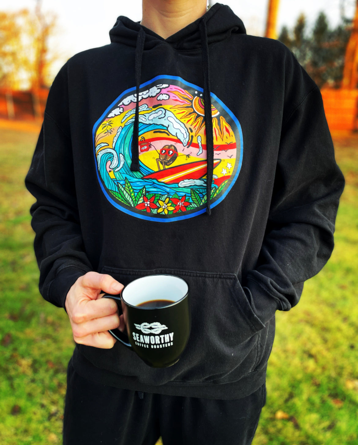 Seaworthy Coffee Surf Bean graphic hoodie sweatshirt. 
