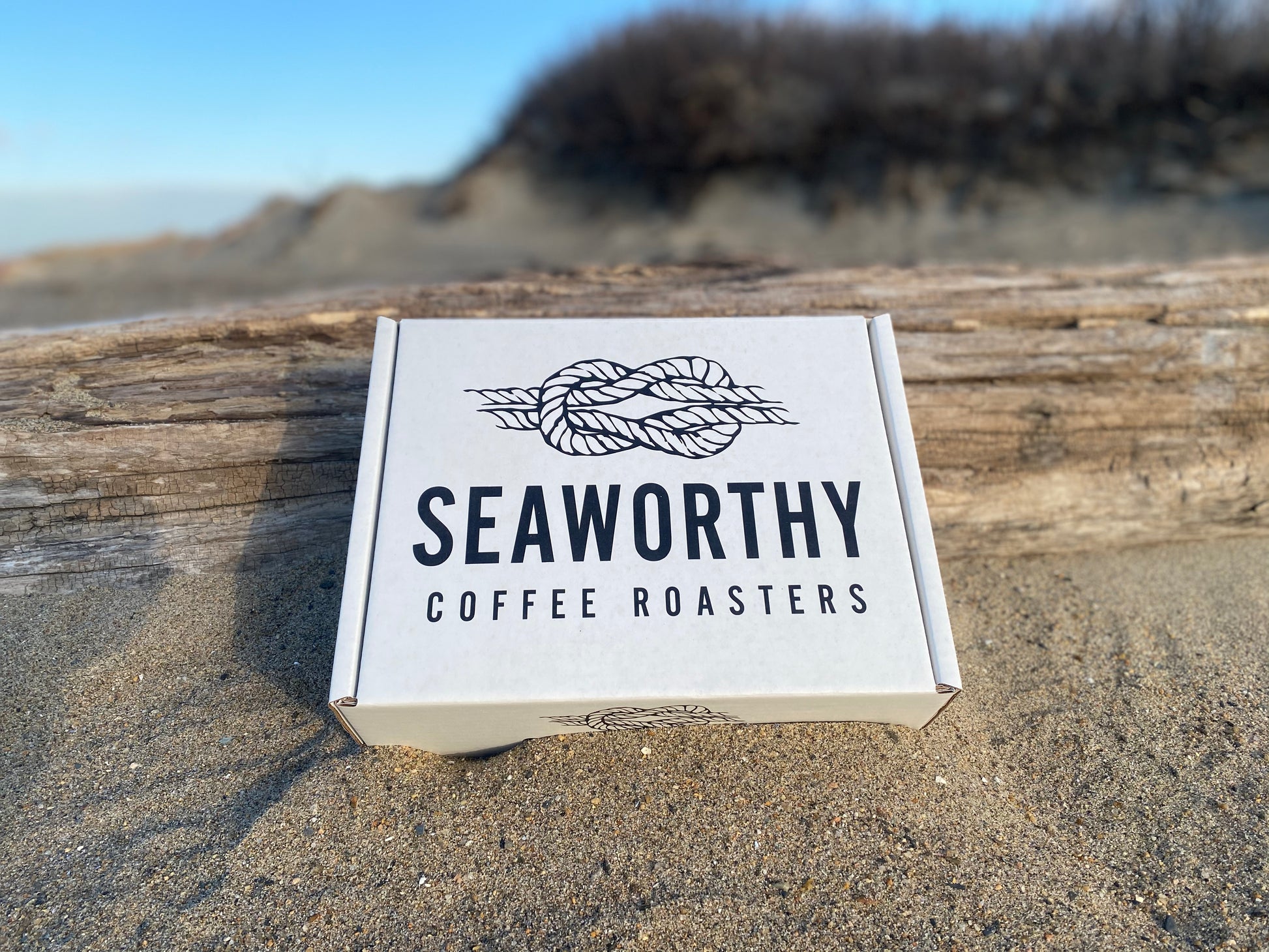 Seaworthy Coffee gift box.  Gift box on beach.